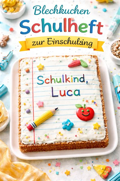 Zitronen-Blechkuchen mit bunten Dekoelementen zur Einschulung