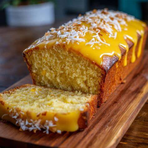 Zitronen-Kokos-Kuchen mit Glasur und Kokosflocken
