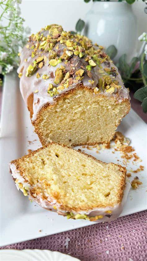 Zitronenkuchen mit Glasur und Pistazien dekoriert