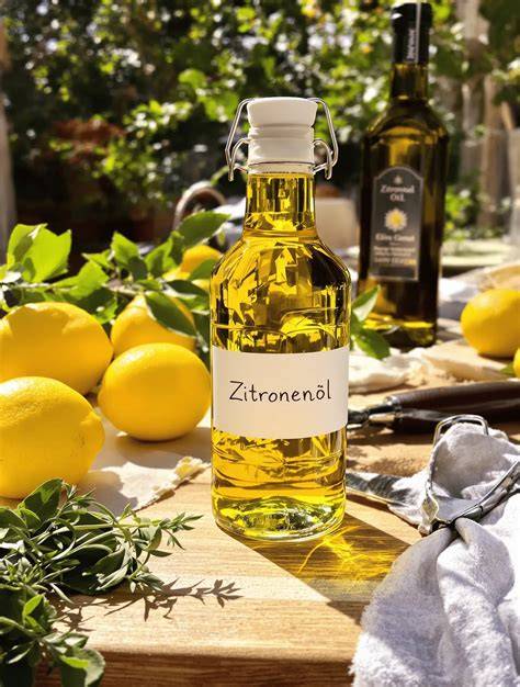 Zitronenschalen und Flasche mit ätherischem Zitronenöl