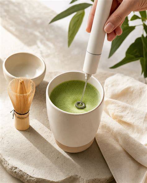 Zubereitung: Matcha sieben, schäumen, Milch hinzufügen