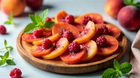 Zubereitung der Früchteschicht - Himbeeren und Pfirsiche schneiden und schichten