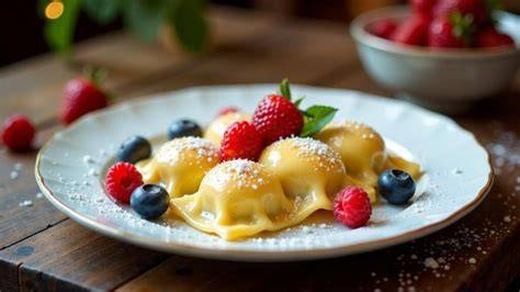 Zubereitung süße Ravioli mit Nudelmaschine und Teigrolle auf Holztisch