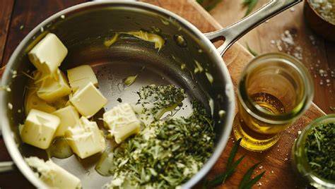 Zubereitung von Cannabis-Butter mit Cannabis und Butter im Topf