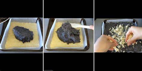 Zubereitungsschritt: Mohnfüllung wird gleichmäßig auf dem Blech verteilt
