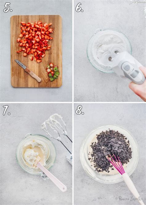 Zubereitungsschritte: Erdbeeren schneiden, Creme schlagen, Schichten einfüllen