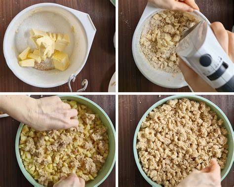 Zubereitungsschritte: Streuseln formen, Teig rühren, Kuchen in die Form geben