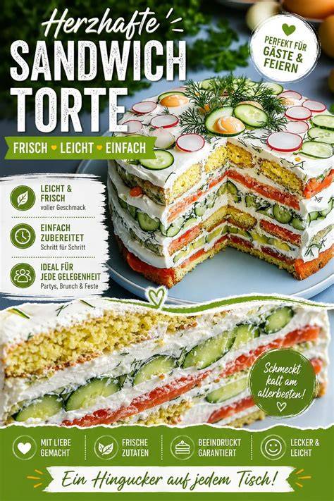 Zubereitungsschritte einer herzhaften Sandwichtorte (Schichtung, Bestreichen, Dekorieren)