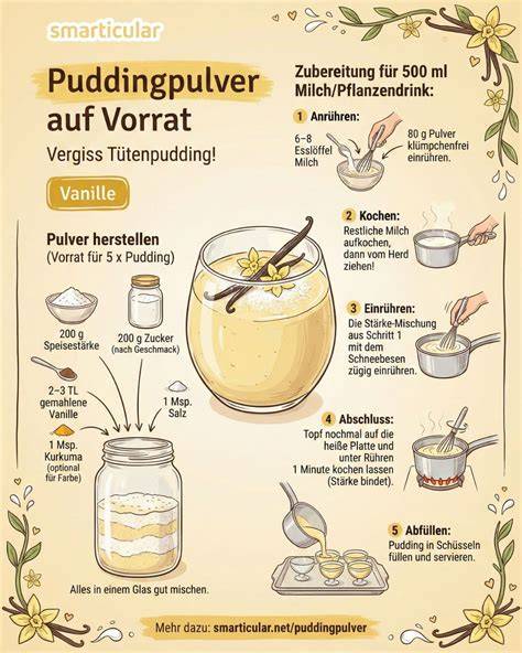 Zubereitungsschritte für Mandelmilchpudding - Infografik zu rühren, aufkochen und abfüllen