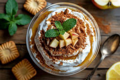 Zubereitungsschritte für ein Schichtdessert mit Joghurt, Apfelmus und Keksen