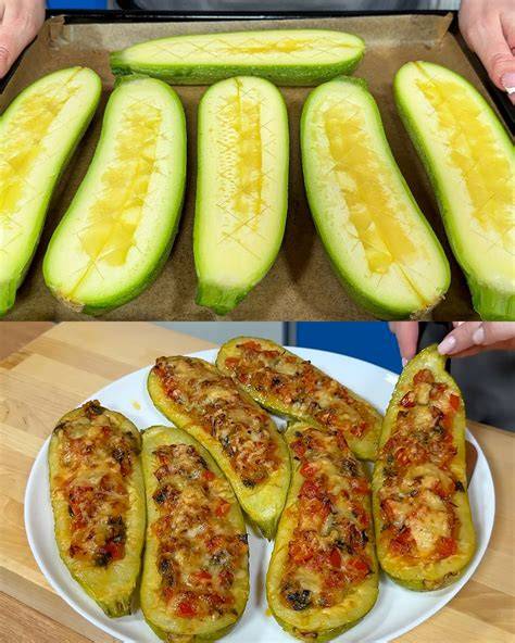Zucchinihälften gefüllt mit Ziegenkäse, garniert und frisch gebacken