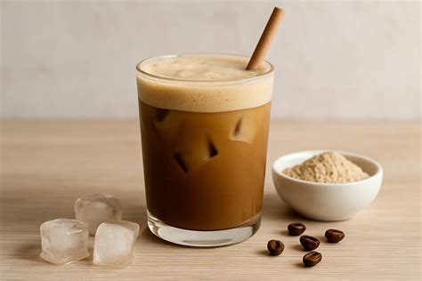 Zuckerfreier, veganer Protein-Eiskaffee mit Kaffeewürfeln