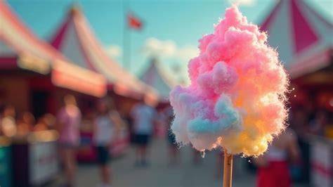 Zuckerwatte auf einem Jahrmarkt, Nahaufnahme bunter Zuckerwatte-Fäden