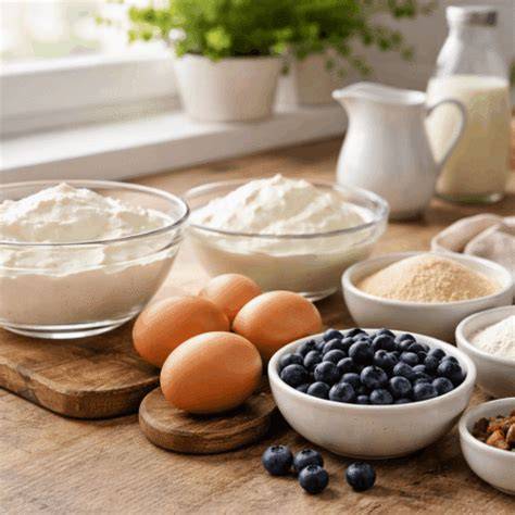 Zutaten: Heidelbeeren, Quark, Puddingpulver und weitere Backzutaten auf einem Tisch