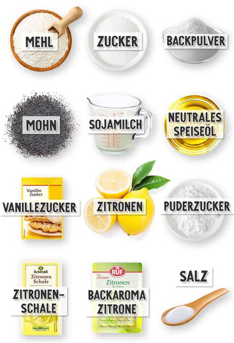 Zutatenübersicht als Foto: Eier, Mehl, Mohn, Zitronen, Sahne, Quark