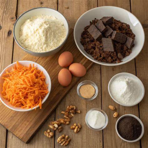 Zutatenübersicht für das Gebäck: Karotten, Nüsse, Kirsch/Zitronensaft, Mehl, Butter/Eier