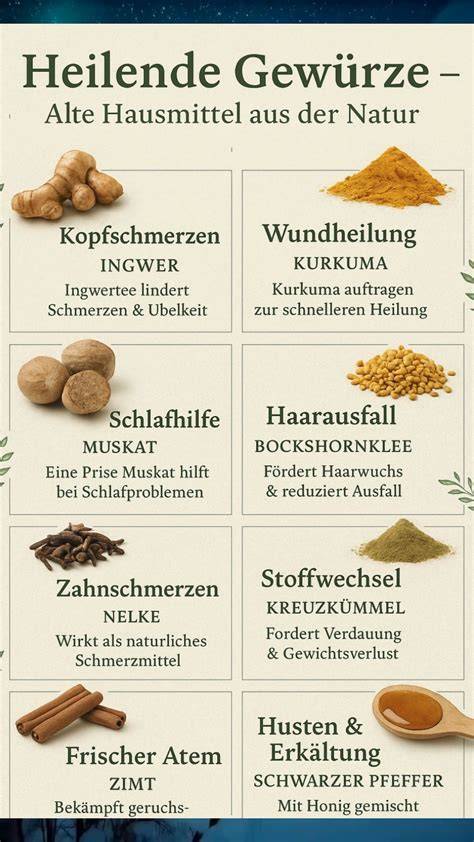 Zutatenübersicht und Gewürze: Kakaopulver, Zimt, Muskat, Bittermandel, Pfirsiche
