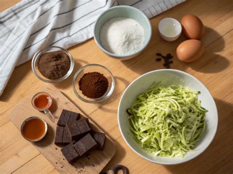 Zutaten aufgereiht: Zucchini, Kakao, Schokolade