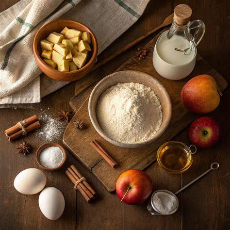 Zutaten für Apfel-Lebkuchen-Muffins (Apfel, Mehl, Eier, Öl, Gewürze) attraktiv arrangiert
