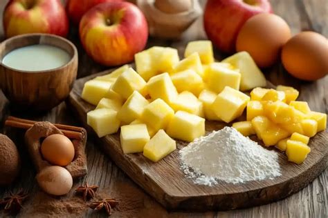 Zutaten für Apfelkuchen auf einem Küchentisch - Sorten, Butter, Mehl, Zucker