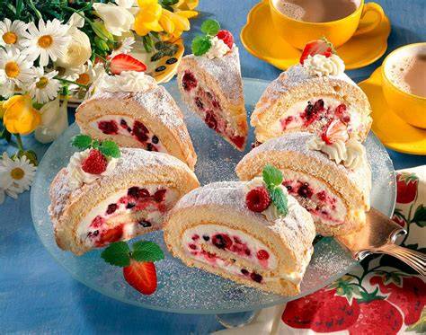 Zutaten für Biskuitrolle: Eier, Beeren, Mehl, Sahne, Zucker