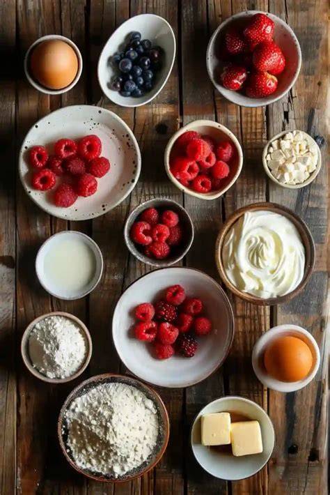Zutaten für Blechkuchen mit Himbeeren auf einem Holztisch