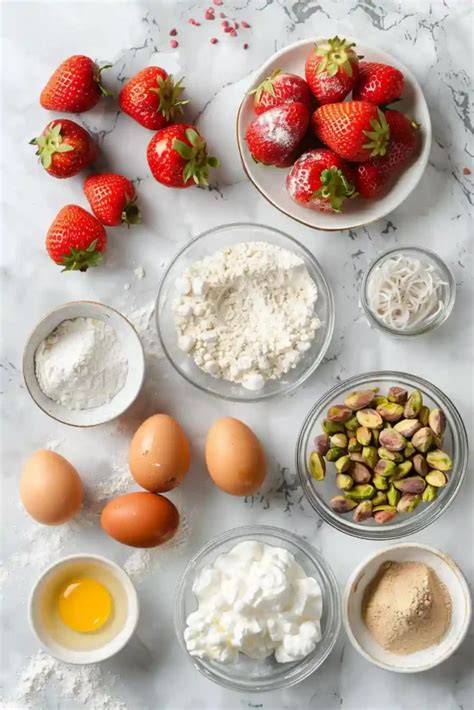 Zutaten für Charlotte Torte: Eier, Mehl, Zucker, Gelatine, Sahne, frische Erdbeeren, Biskuit