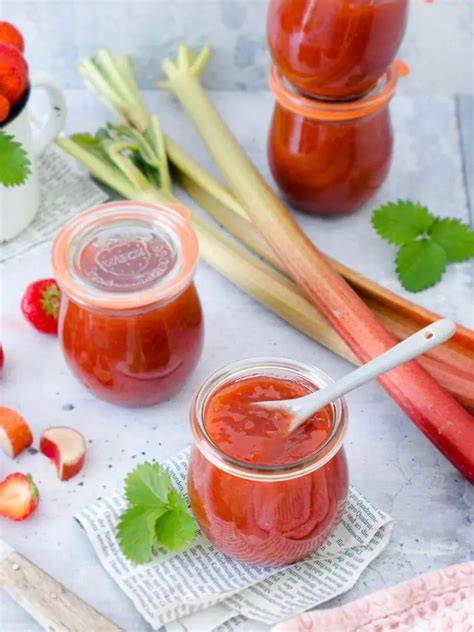 Zutaten für Erdbeer-Rhabarber-Marmelade angerichtet