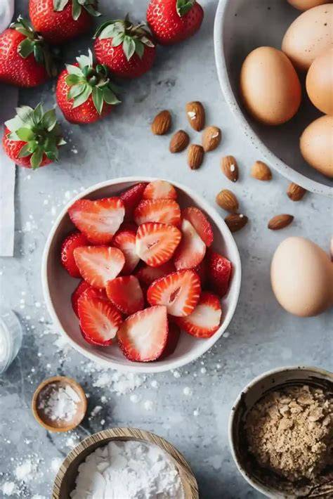 Zutaten für Erdbeerkuchen auf einem Holztisch: Erdbeeren, Butter, Mehl, Zucker, Eier, Puddingpulver