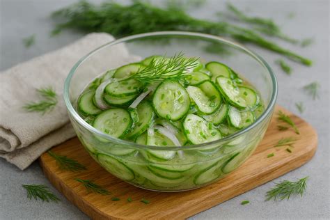 Zutaten für Gurkensalat: Gurken, Creme Fraiche, Dill, Zwiebel, Essig, Öl