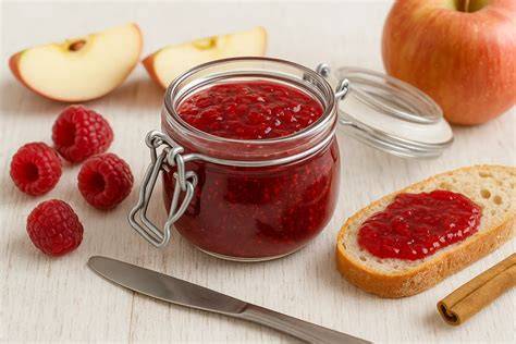 Zutaten für Himbeer-Apfel-Marmelade auf einem Holztisch