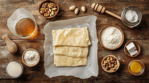 Zutaten für Honig-Pistazien-Baklava-Käsekuchen auf einem Holztisch arrangiert