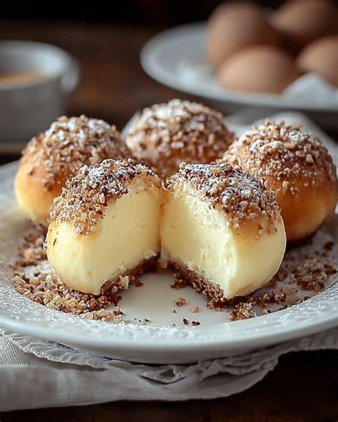 Zutaten für Käsekuchen-Kugeln geometrisch angeordnet auf einer Arbeitsfläche
