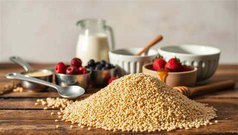 Zutaten für Quinoa Pudding aufgereiht auf Holztisch