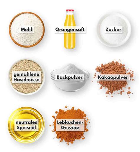 Zutaten für Schoko-Gewürzkuchen einzeln dargestellt