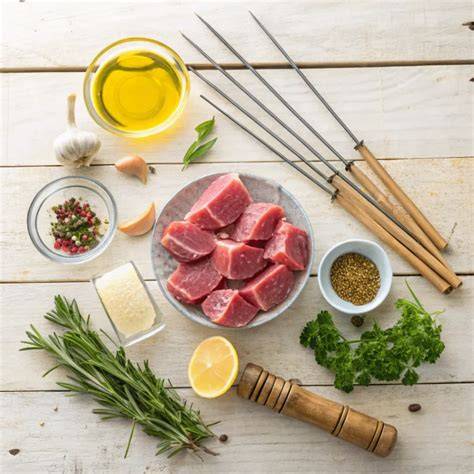 Zutaten für Schweinefilet, Olivenöl, Honig, Kräuter und Knoblauch auf einem Tisch