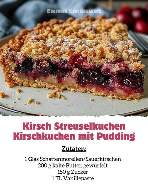Zutaten für Streuselkuchen: Butter, Mehl, Sauerkirschen, Zucker, Puddingpulver, Marzipan