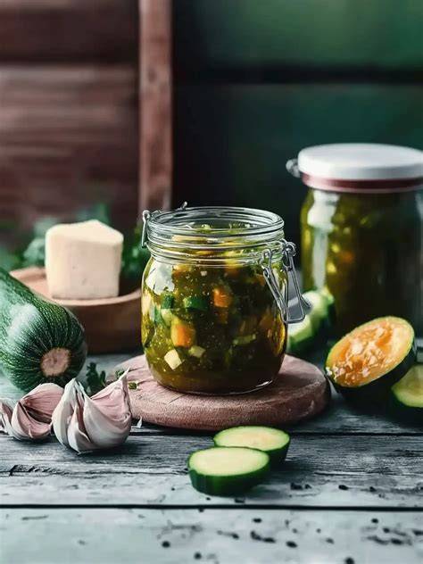 Zutaten für Zucchini Chutney auf Holzbrett