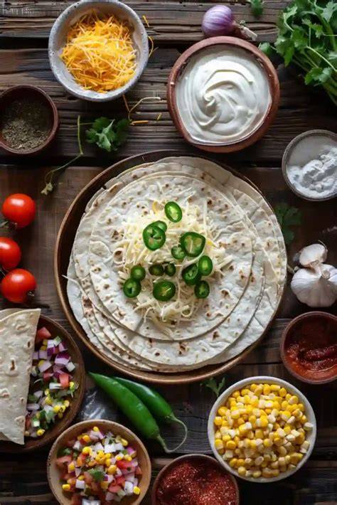 Zutaten für eine Tortilla Torte auf einer Arbeitsfläche arrangiert