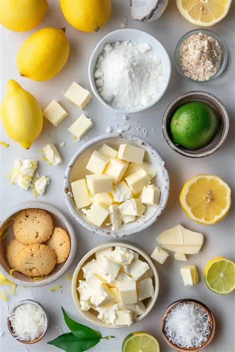 Zutaten für einen Kühlschrankkuchen auf einem Holztisch (Kekse, Zitronen, Frischkäse, Sahne)