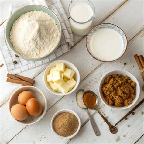 Zutaten für einen Kaffeekuchen: Eier, Butter, Zucker, Mehl, Backkakao und starker Kaffee