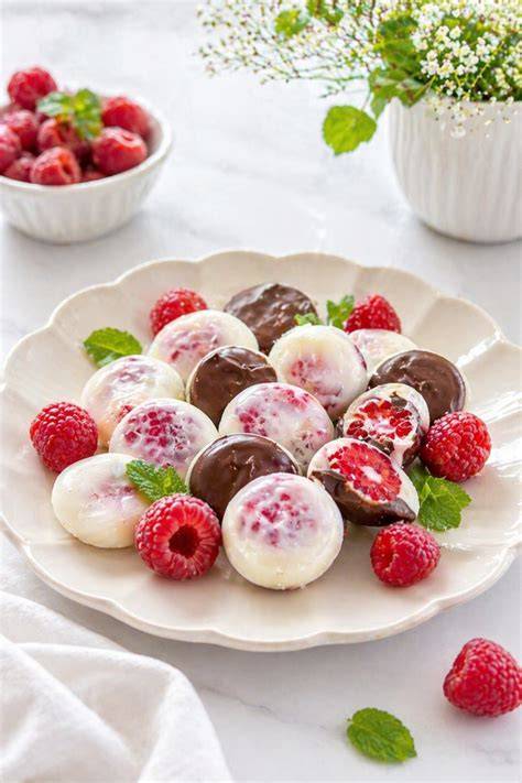 Zutaten für selbstgemachte Joghurt-Pralinen: Joghurt, Beeren, Schokolade, Werkzeuge