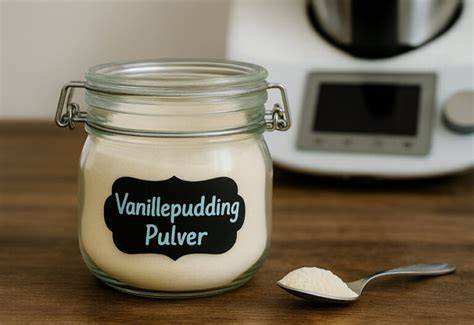 Zutaten für selbstgemachtes Vanillepuddingpulver (Speisestärke, Vanille, Zucker, Milch)