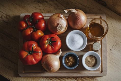 Zutaten für zuckerfreien Ketchup: Tomaten, Zwiebeln, Gewürze, Datteln, Essig