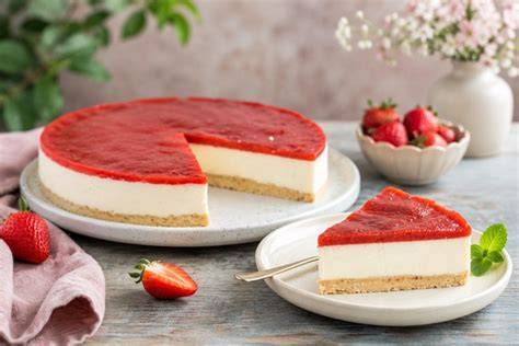 Zutaten und Arbeitsschritte für Erdbeer Panna Cotta Torte auf einer Küchenarbeitsfläche