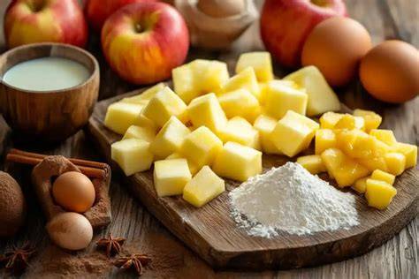 Zutaten und Küchenutensilien für Apfelkuchen auf einem Holzbrett arrangiert