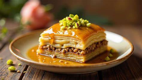 Zutaten und Schichten einer griechischen Baklava (Filoteig, Walnüsse, Honigsirup)