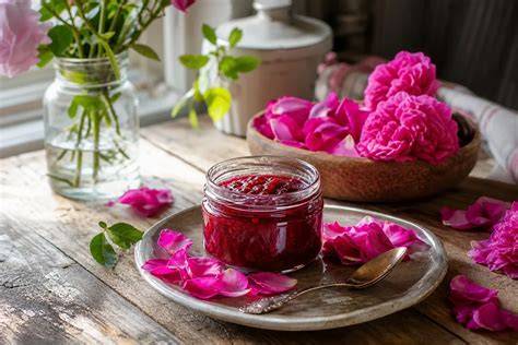 Zutaten und Zwischenschritte der Nelken-Variante der Rosenmarmelade