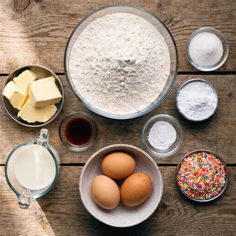 Zutaten wie Eier, bunte Streusel, Mehl und Sanella nebeneinander auf einem Tisch