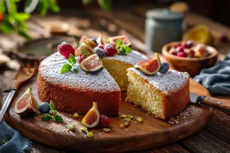 Zutaten-Aufnahme und fertiger Kuchen auf einem Holzbrett